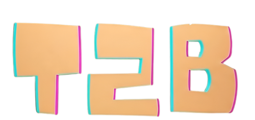 Three-dimensional letters 'T', '2', and 'B' with colorful borders on a white background